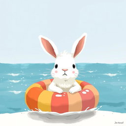 A small white rabbit, adorably snug inside a colorful swimming ring, faces a shimmering body of water with a timid expression