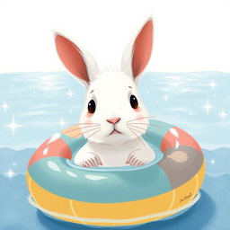 A small white rabbit, adorably snug inside a colorful swimming ring, faces a shimmering body of water with a timid expression