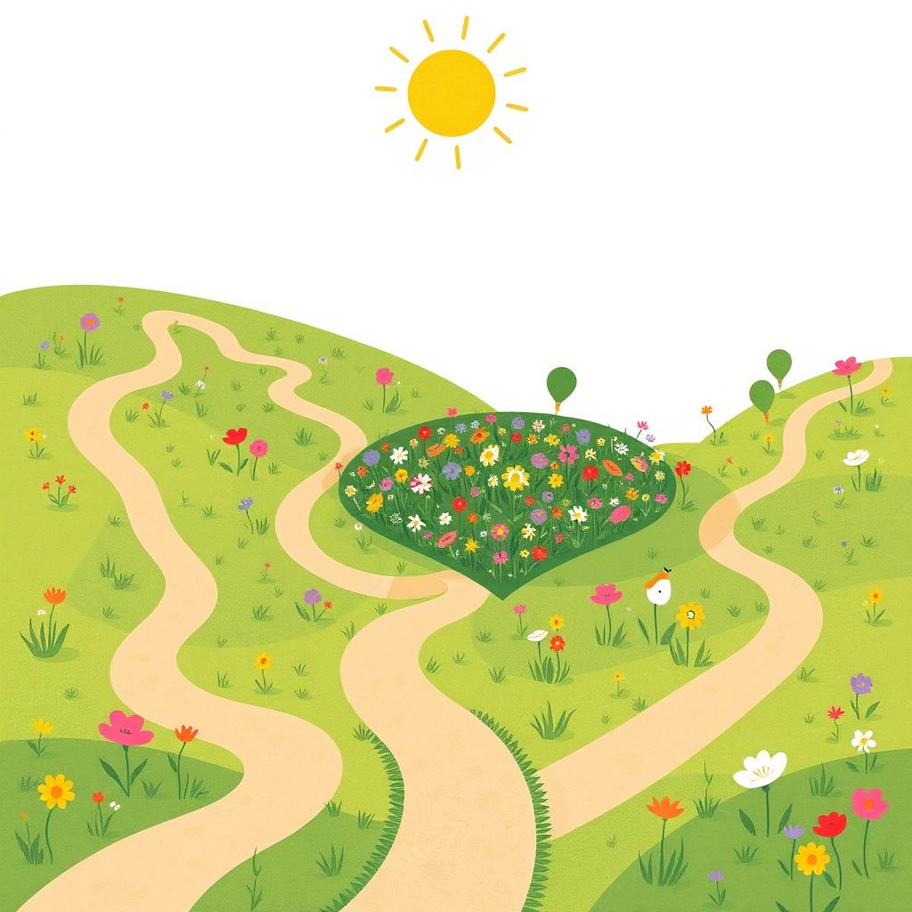 A whimsical illustration depicting a variety of winding paths leading to a beautiful patch of colorful flowers