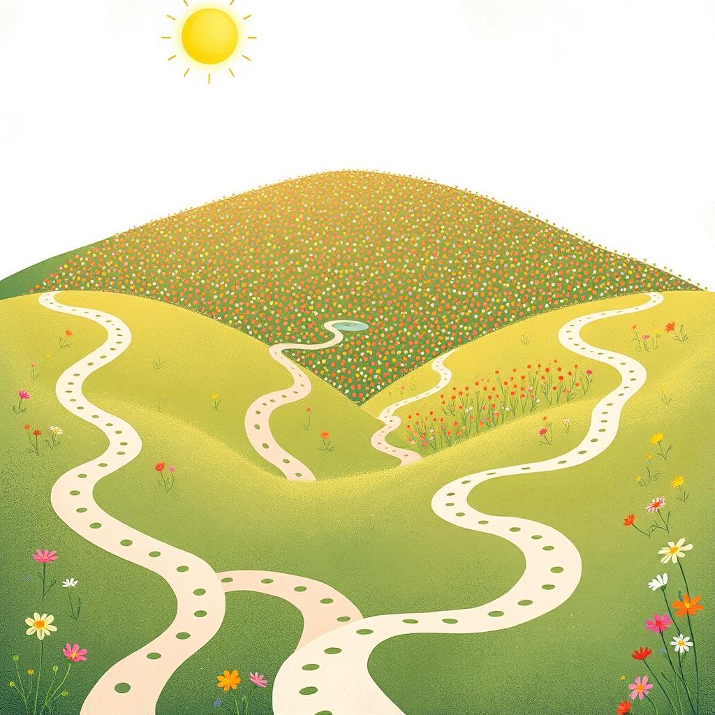 A whimsical illustration featuring numerous winding paths that lead to a vibrant sea of flowers blooming on a hillside