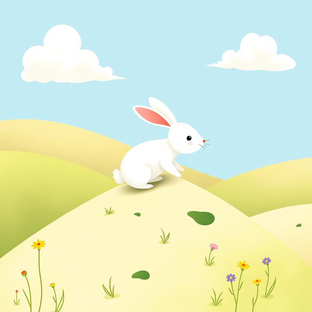 A cute little white rabbit climbing up a gentle hill