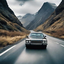 An intense scene of a car swerving wildly, about to skid off a winding mountainous road, with a look of fear reflected in the driver's eyes.