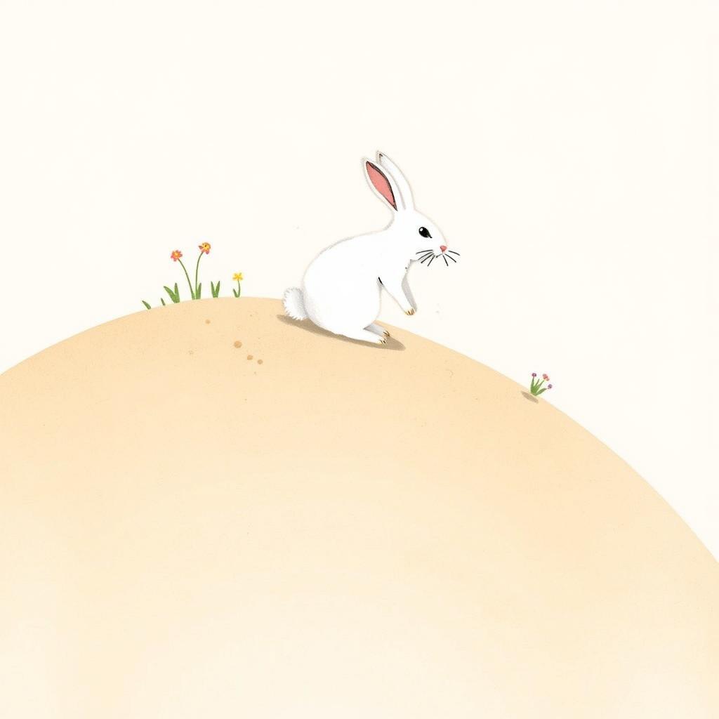 A charming scene featuring a cute white rabbit climbing a gentle hill