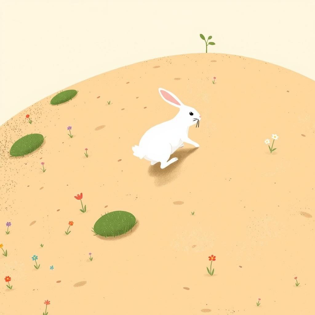 A delightful scene featuring a cute white rabbit climbing a gentle hill