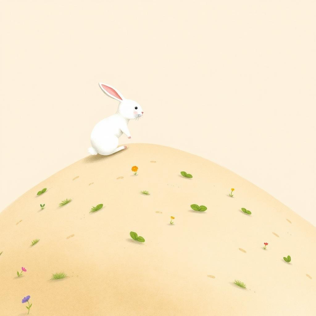 A delightful depiction of a little white rabbit climbing a gentle hillside