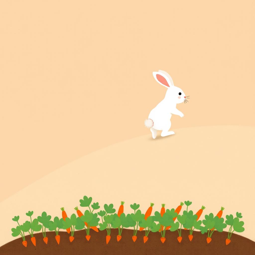 A whimsical illustration of a little white rabbit climbing a gentle hill
