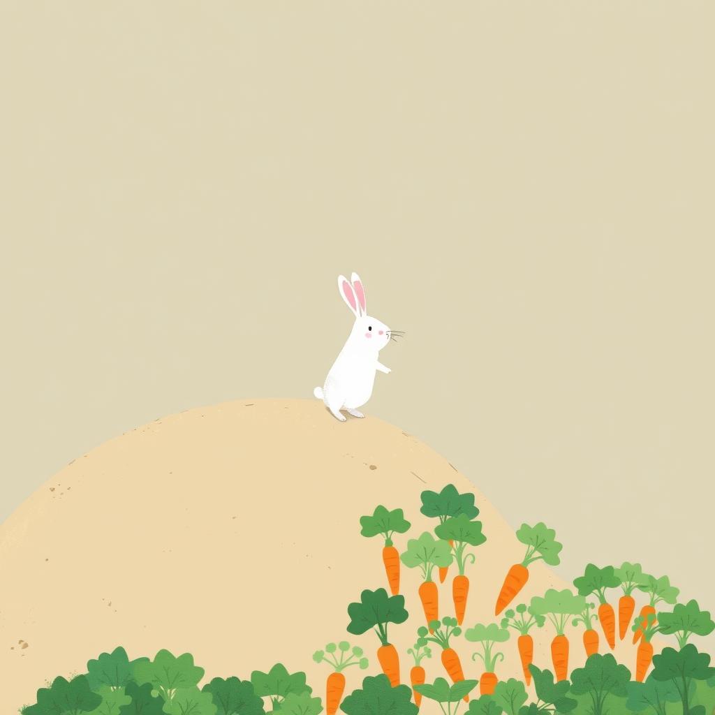 A charming illustration of a little white rabbit climbing a gentle slope