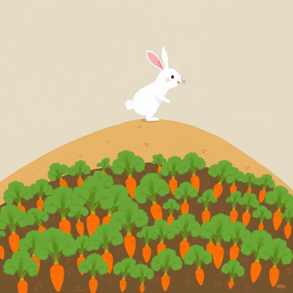 A whimsical illustration of a little white rabbit climbing a gentle slope