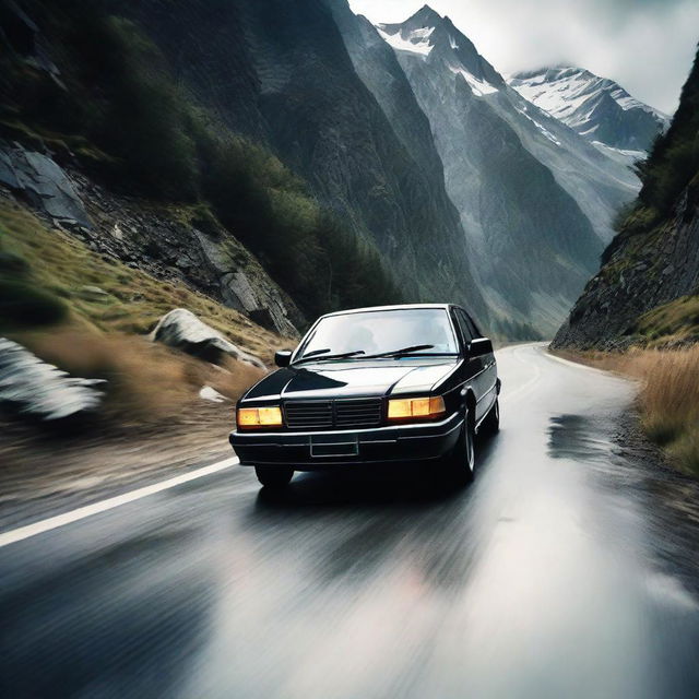 An intense scene of a car swerving wildly, about to skid off a winding mountainous road, with a look of fear reflected in the driver's eyes.