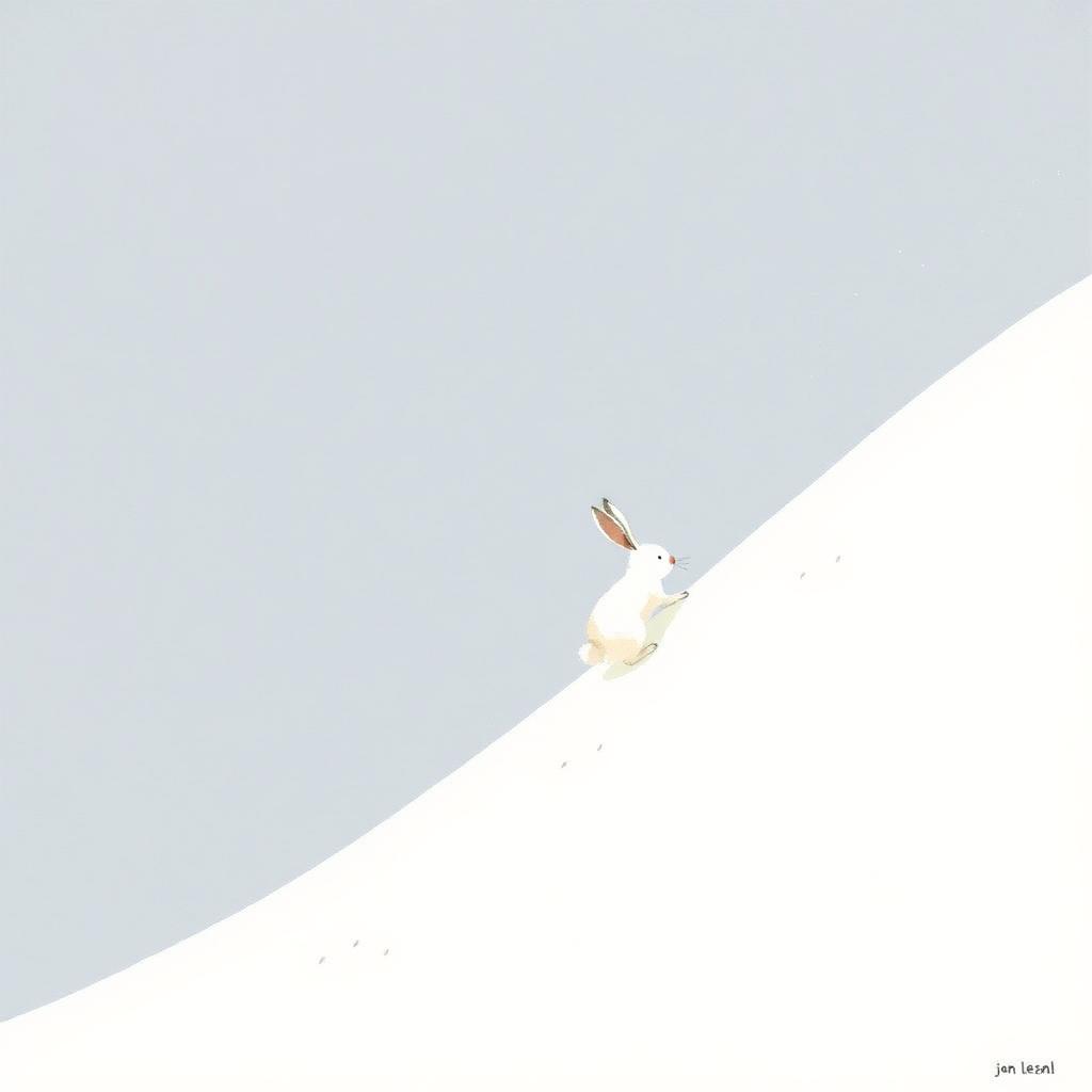 A delightful illustration of a little white rabbit climbing a snowy hill