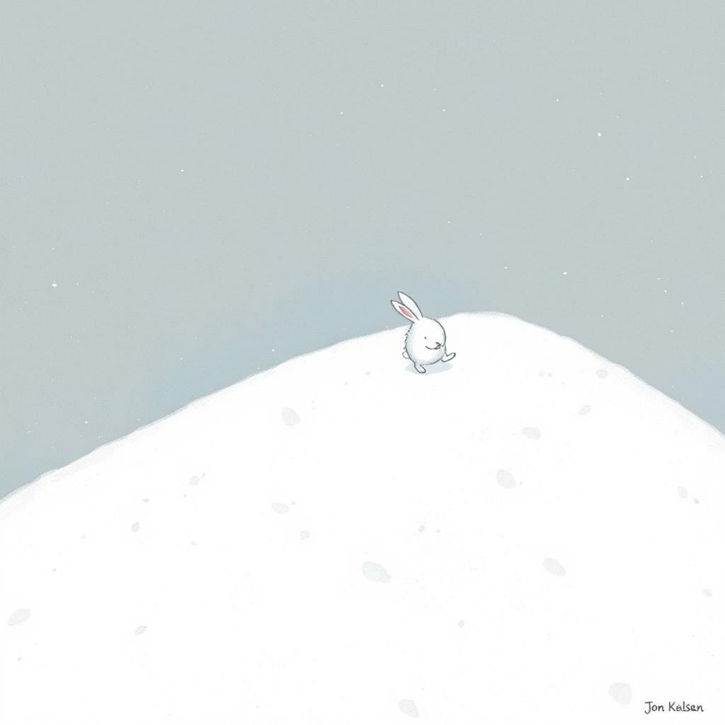 A delightful illustration of a little white rabbit climbing a snowy hill