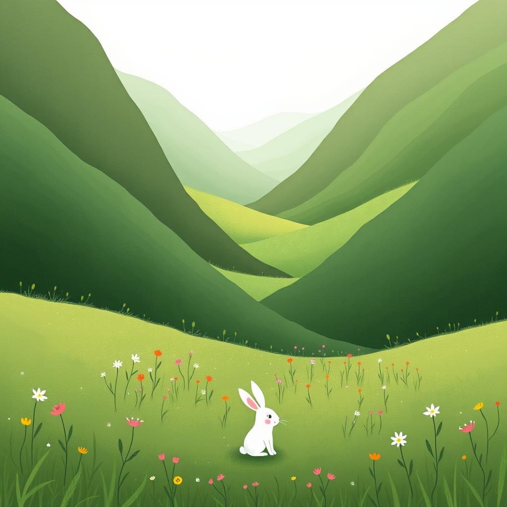A charming illustration of a little white rabbit situated at the bottom of a lush valley