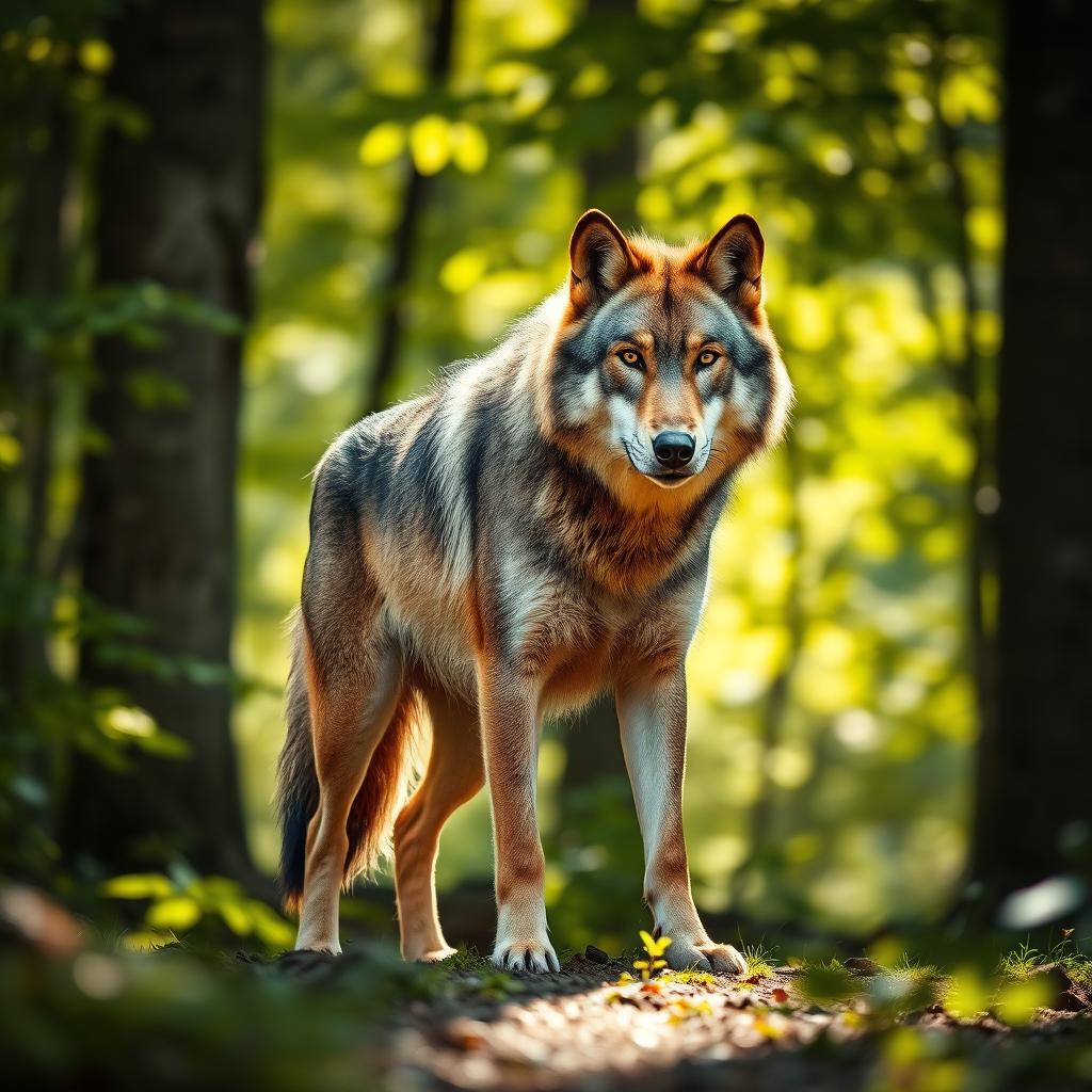 A stunning, raw photograph of a majestic wolf standing majestically in a serene forest setting