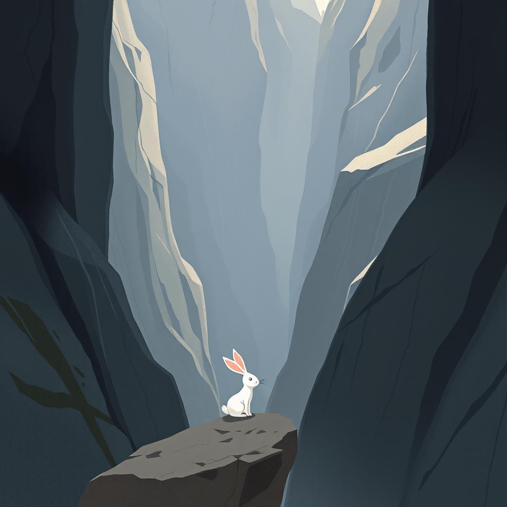 A captivating illustration of a little white rabbit situated at the bottom of a perilous valley, evoking a sense of adventure and intrigue