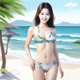 This high-quality digital art showcases a stunning Korean woman in a tasteful bikini