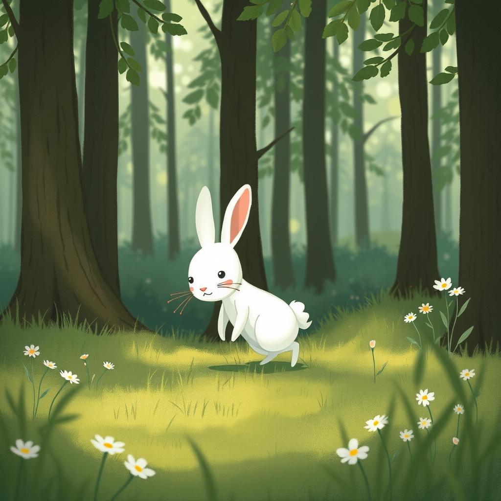 A touching illustration of a little white rabbit, appearing slightly injured, making its way through a serene forest
