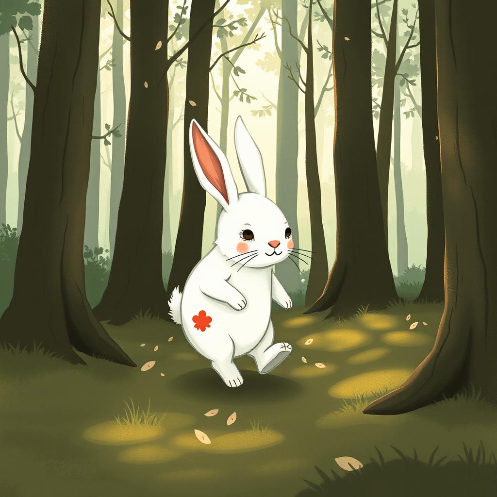 A poignant illustration of a little white rabbit with slight injuries, showing a touch of red blood on its body, making its way through a serene forest