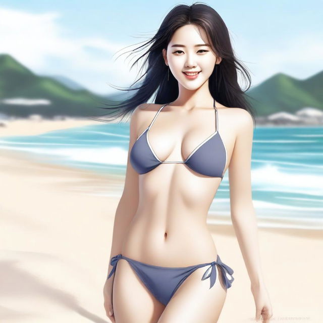 This high-quality digital art showcases a stunning Korean woman in a tasteful bikini