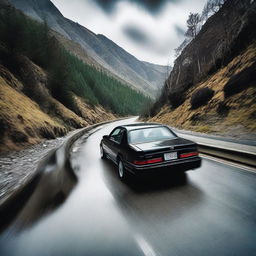 An intense scene of a car swerving wildly, about to skid off a winding mountainous road, with a look of fear reflected in the driver's eyes.