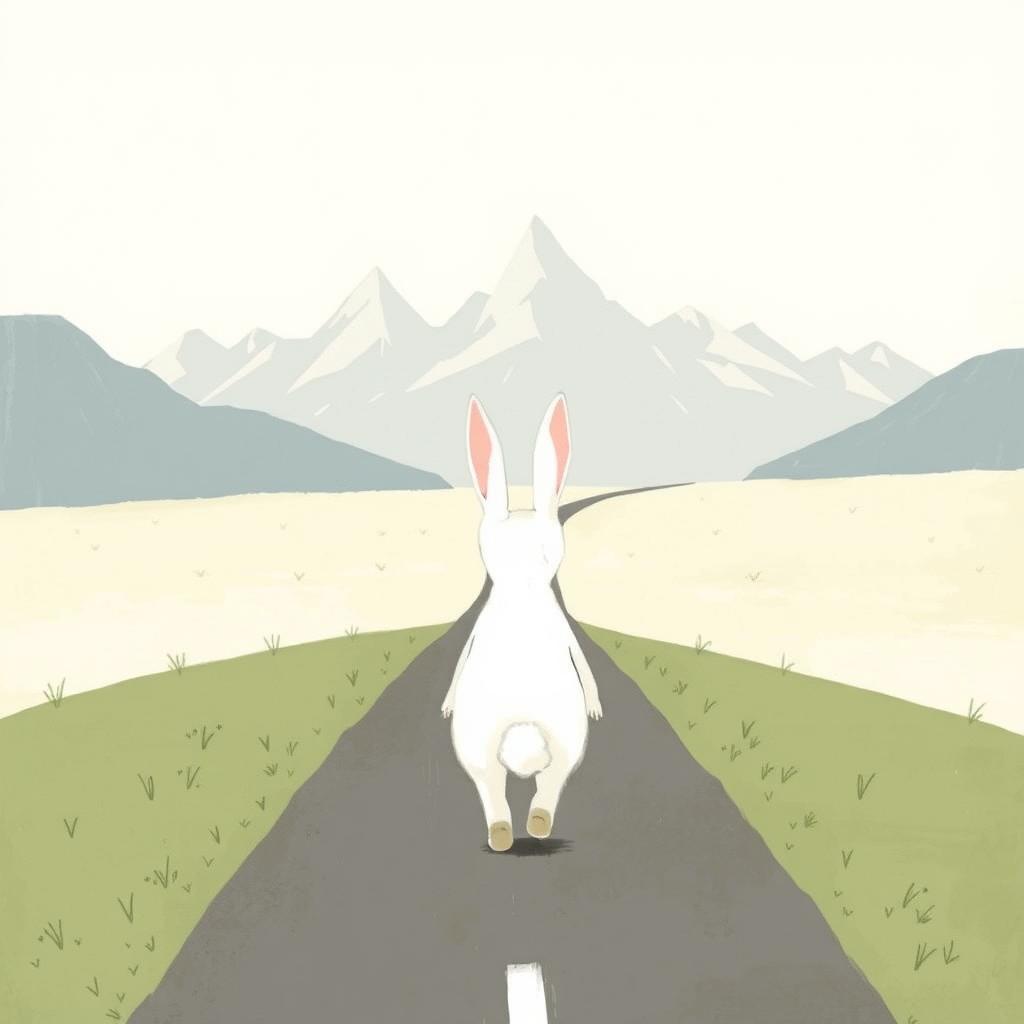 A charming illustration showcasing the back view of a little white rabbit walking along a long, winding road
