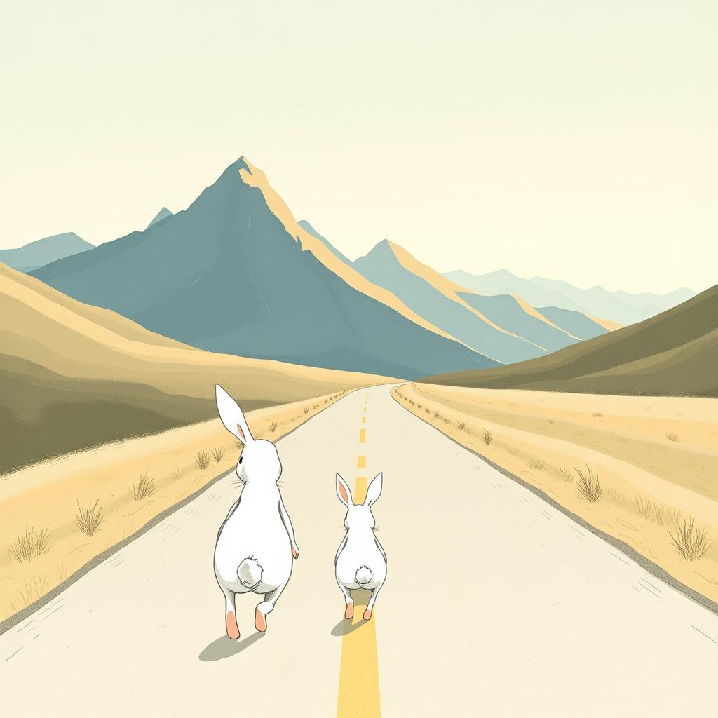 An enchanting illustration showcasing the side view of a little white rabbit from behind, walking along a long, winding road