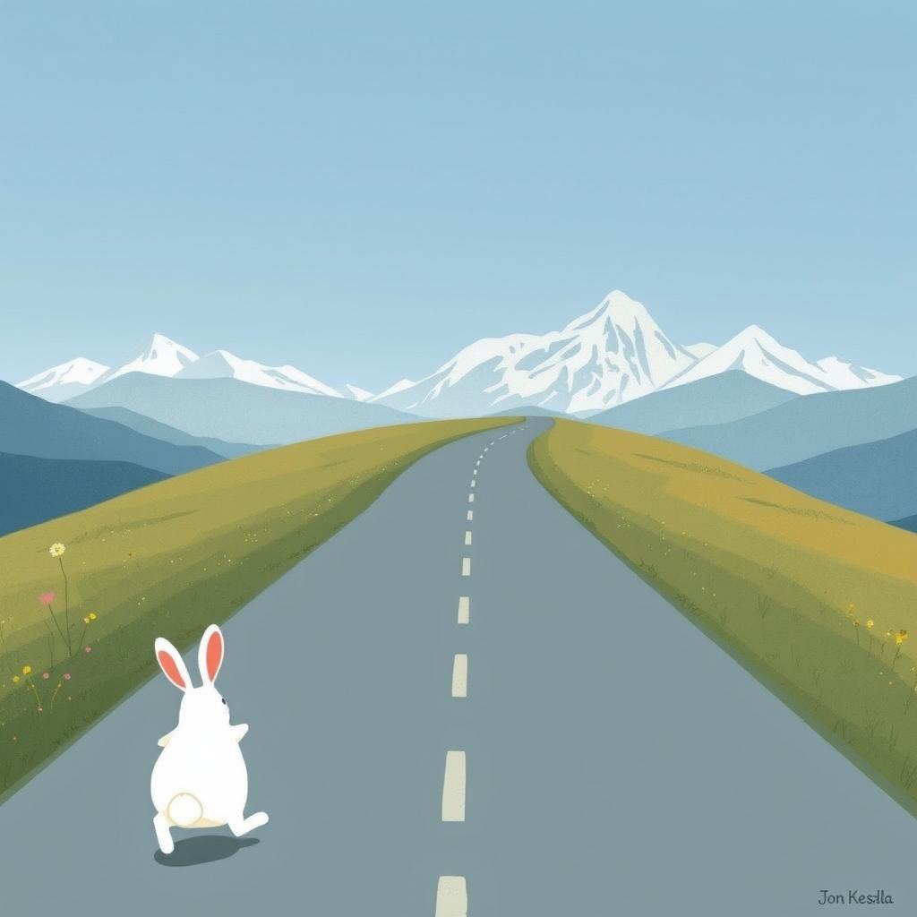 A delightful illustration featuring a little white rabbit walking along a long, winding road that stretches into the distance
