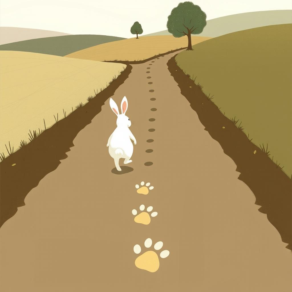 An enchanting illustration depicting a little white rabbit walking along a long, muddy road