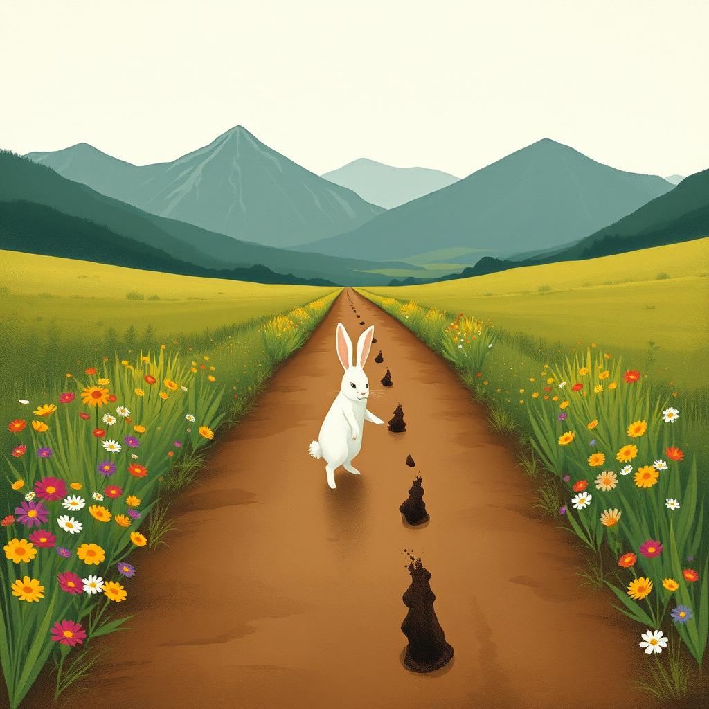 An enchanting illustration of a little white rabbit walking along a long, muddy road