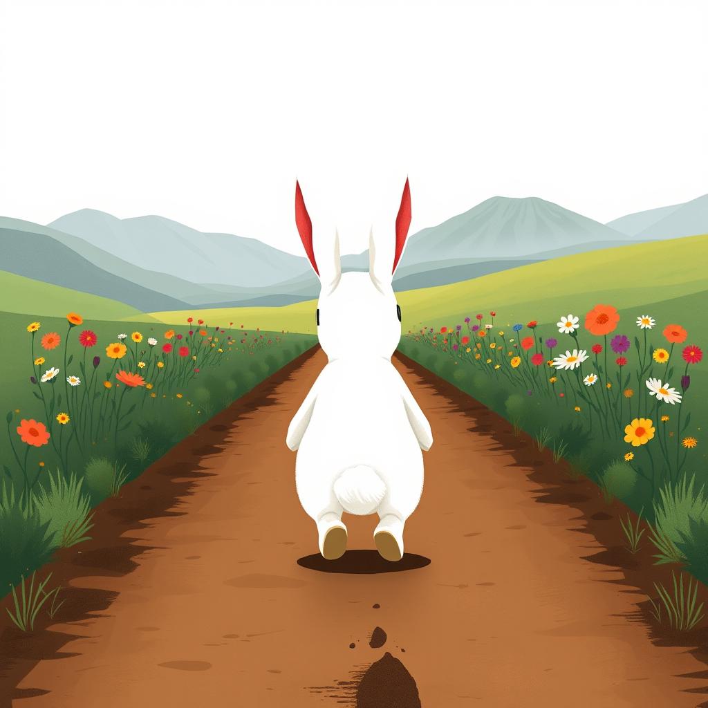 A charming illustration depicting the back view of a little white rabbit walking along a long, muddy road