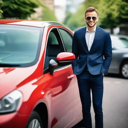 A confident driver stepping out of a fancy car, ready to face the irritated drivers in the traffic jam behind him, a smirk on his face.