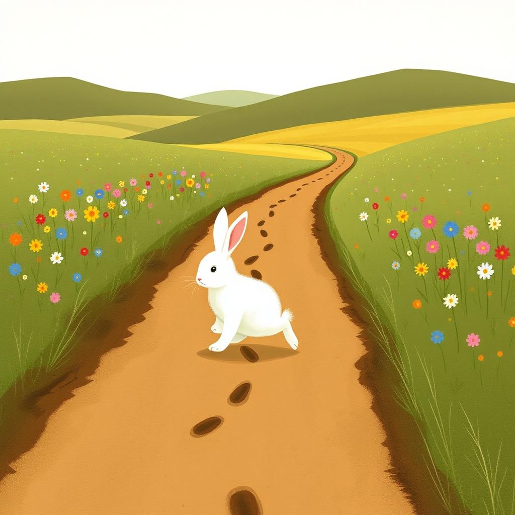 An adorable illustration of a little white rabbit walking along a long, muddy road