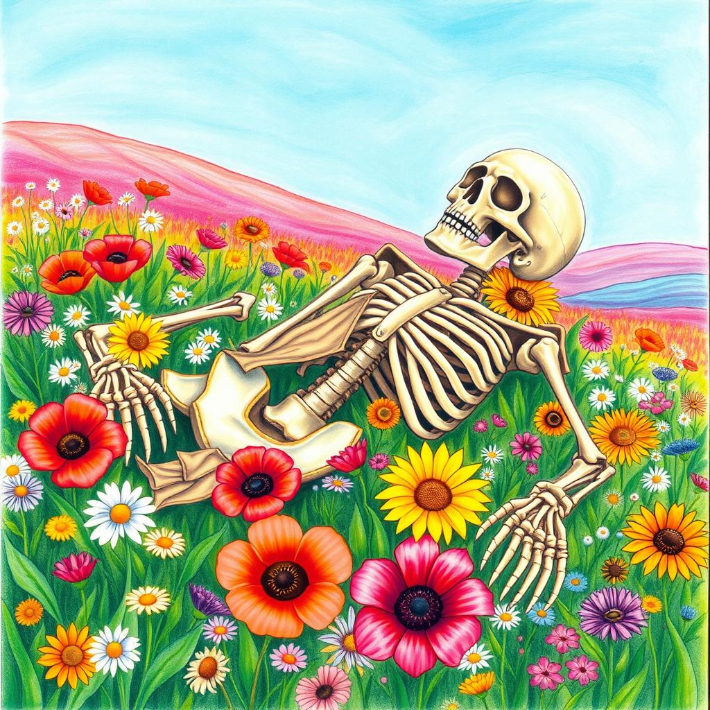 A colorful drawing of a World War II skeleton lying peacefully in a vibrant flower field
