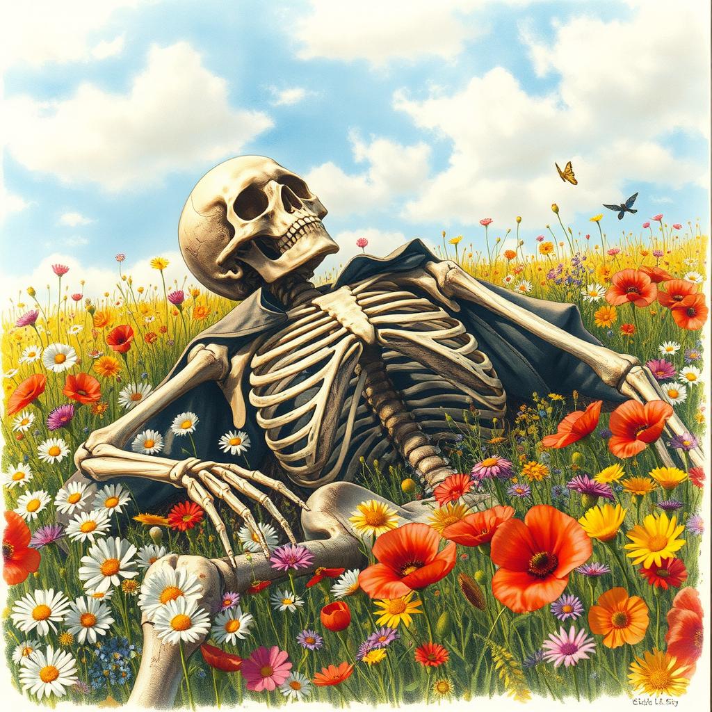 A realistic drawing of a World War II skeleton lying in a vibrant flower field