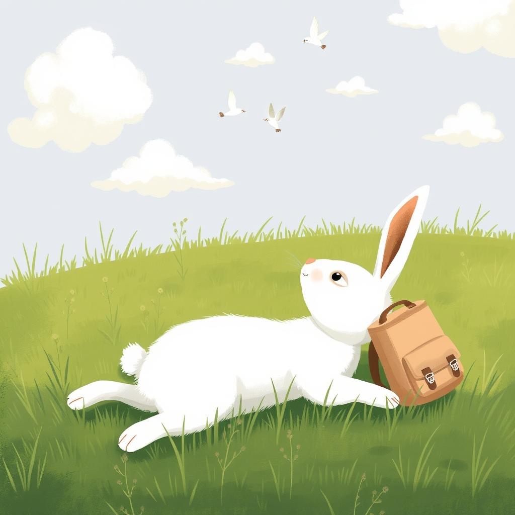 A small white rabbit lying on the grass, gazing up at small birds and fluffy clouds in the sky