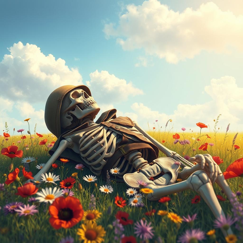 A realistic drawing of a World War II skeleton wearing a military uniform, lying in a picturesque flower field