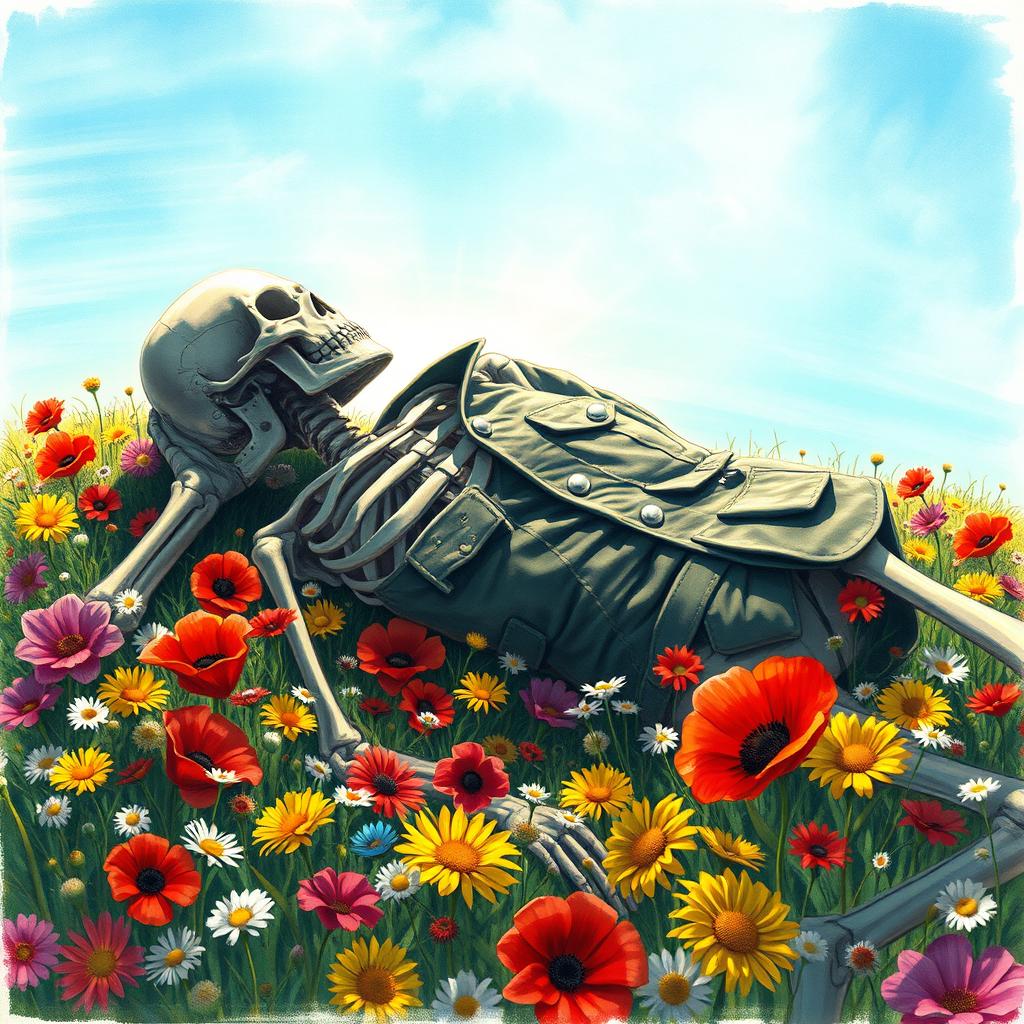 A realistic drawing of a World War II skeleton wearing a military uniform, peacefully laying in a vibrant flower field