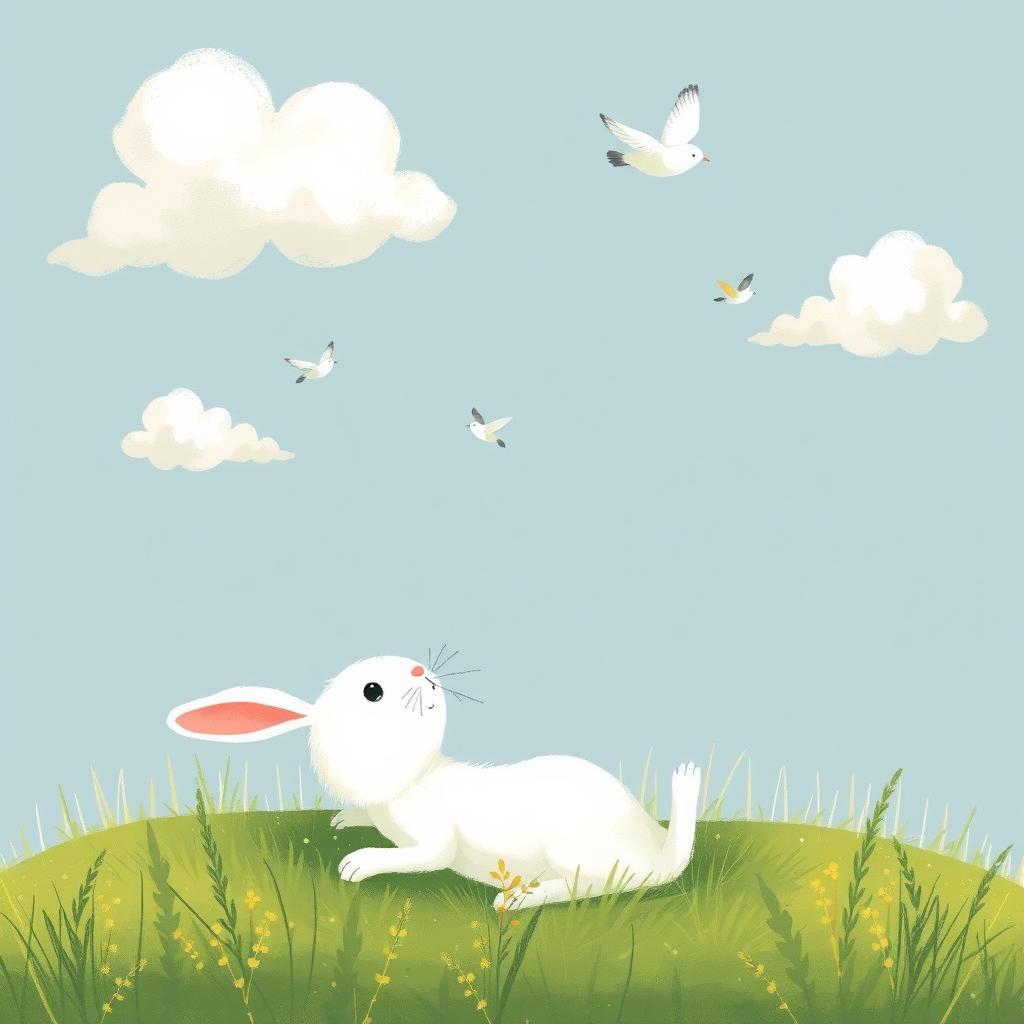 A small white rabbit lying on the grass, gazing up at small birds and fluffy clouds in the sky