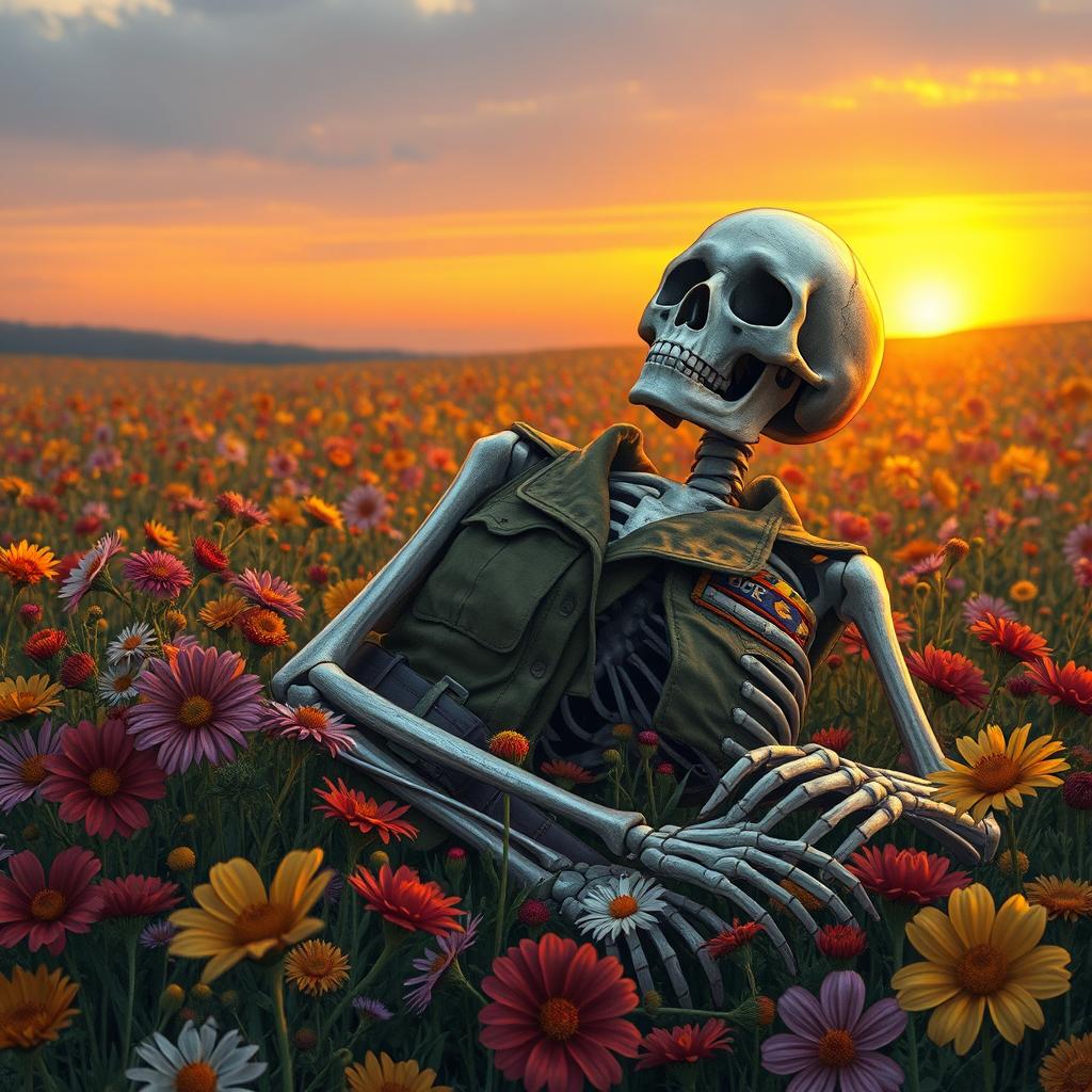 A realistic drawing of a World War II skeleton wearing an authentic military uniform, peacefully laying in a vibrant flower field during sunset