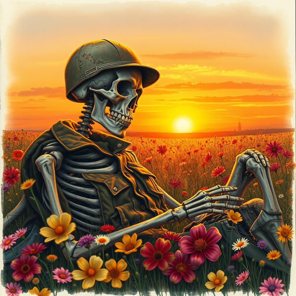 A realistic drawing of a weathered World War II skeleton wearing a distressed military uniform, peacefully laying in a colorful flower field during sunset