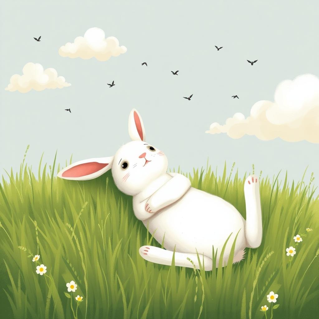 A small white rabbit resting its arms on the grass, lying comfortably while gazing up at small birds and fluffy clouds in the sky