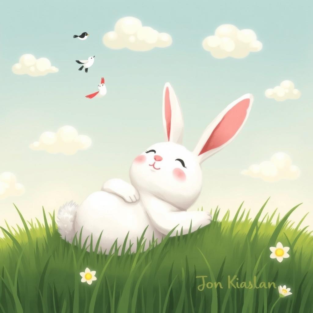 A small white rabbit resting its arms on the grass, lying happily while gazing up at small birds and fluffy clouds in the sky