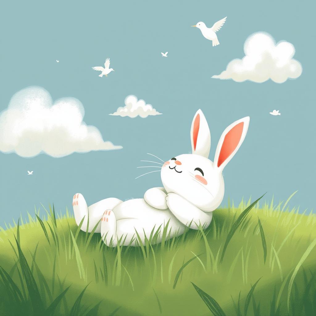 A small white rabbit resting its arms on the grass, lying happily while looking up at small birds and fluffy clouds in the sky