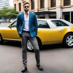 A confident driver stepping out of a fancy car, ready to face the irritated drivers in the traffic jam behind him, a smirk on his face.