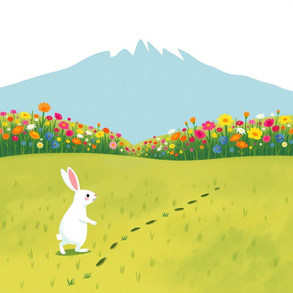 A small white rabbit standing and taking careful steps on a grassy field, leaving little footprints behind