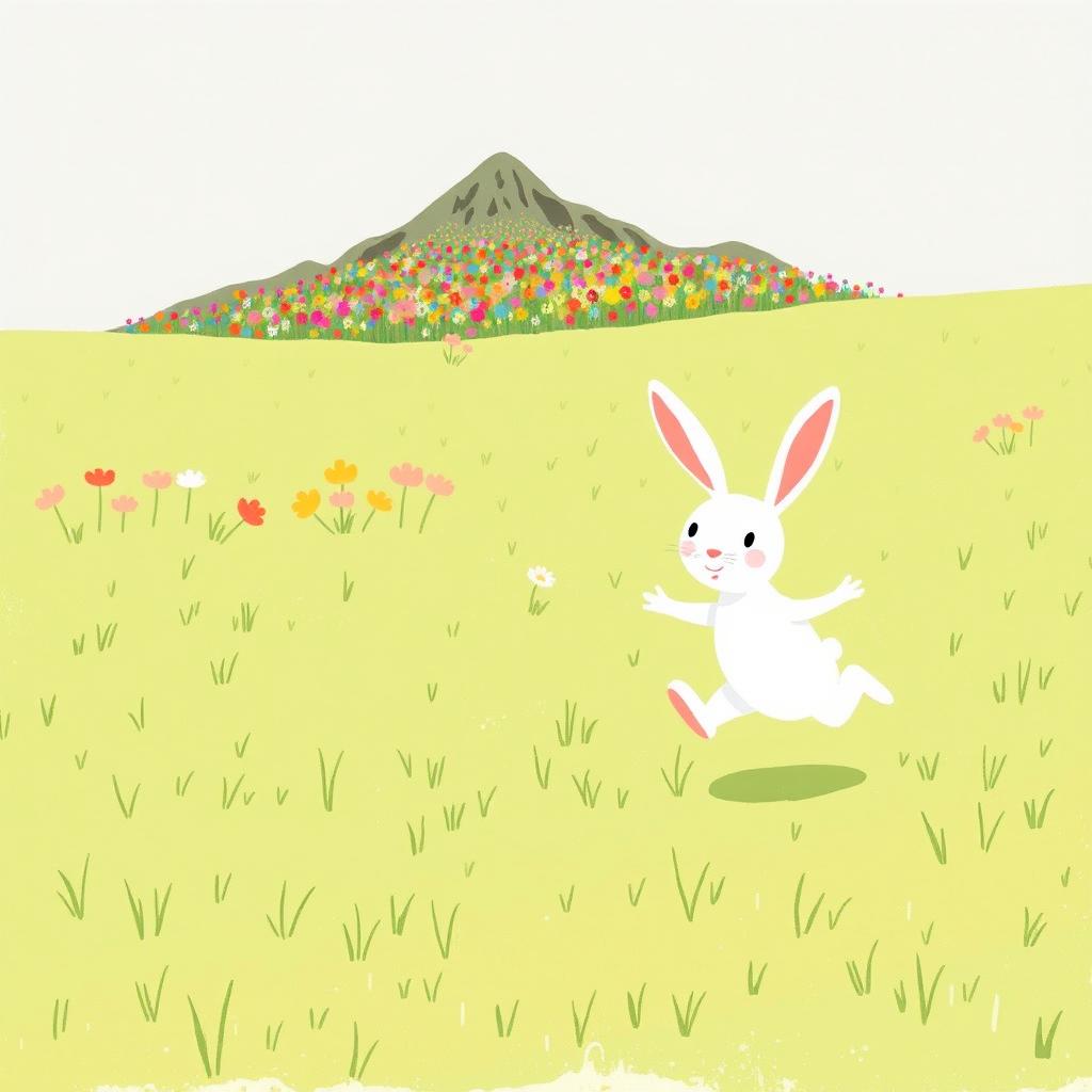 A small white rabbit energetically running across a grassy field, with a joyful expression