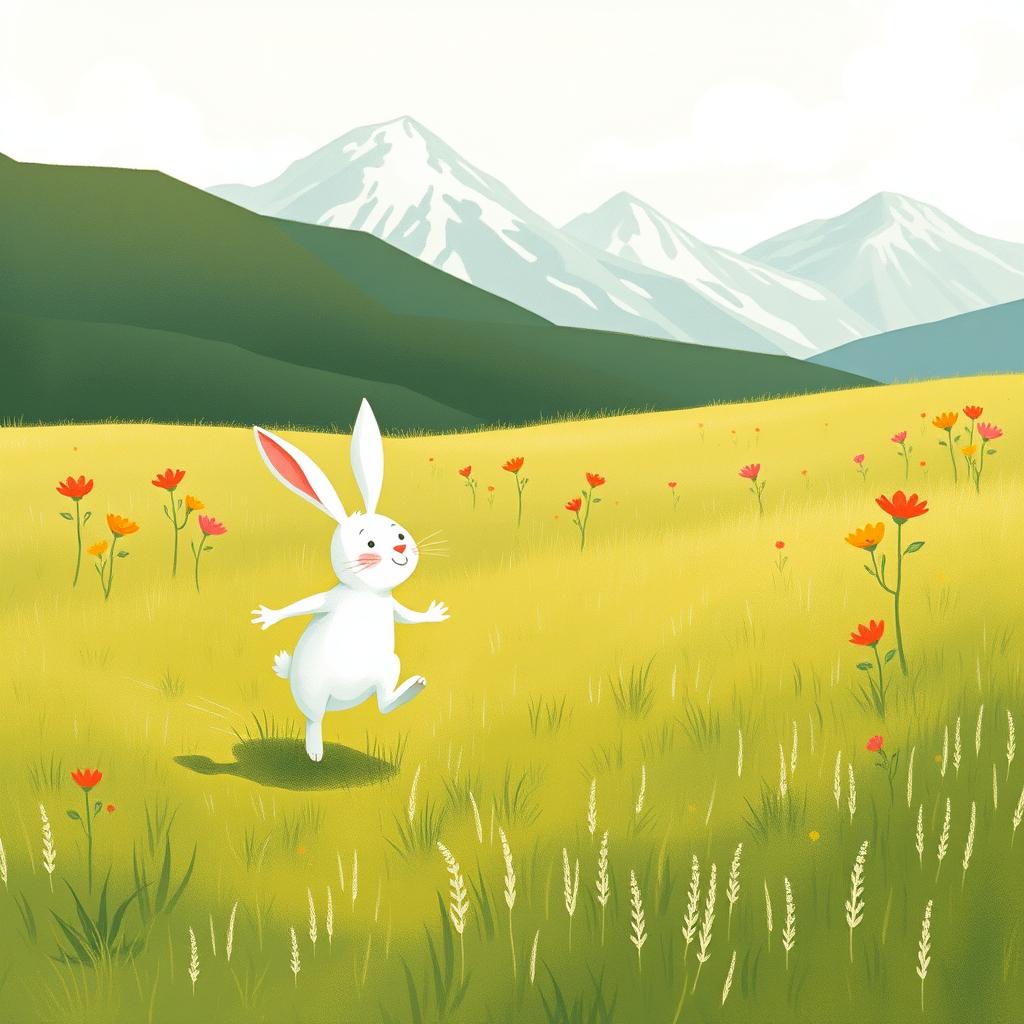 A small white rabbit joyfully running across a grassy field, heading towards the colorful blooms of distant mountain flowers