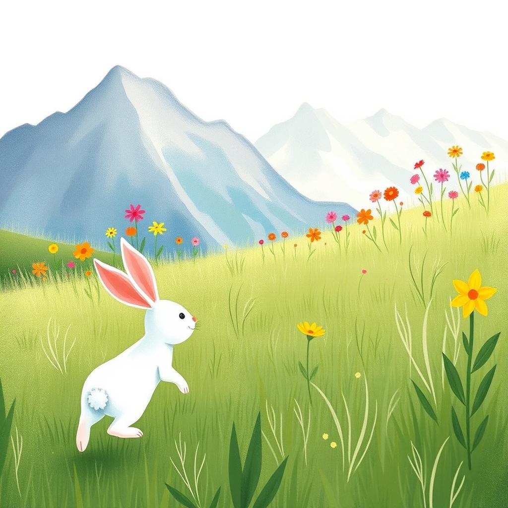 A small white rabbit joyfully running across a grassy field, heading towards the vibrant and colorful mountain flowers blooming in the distance