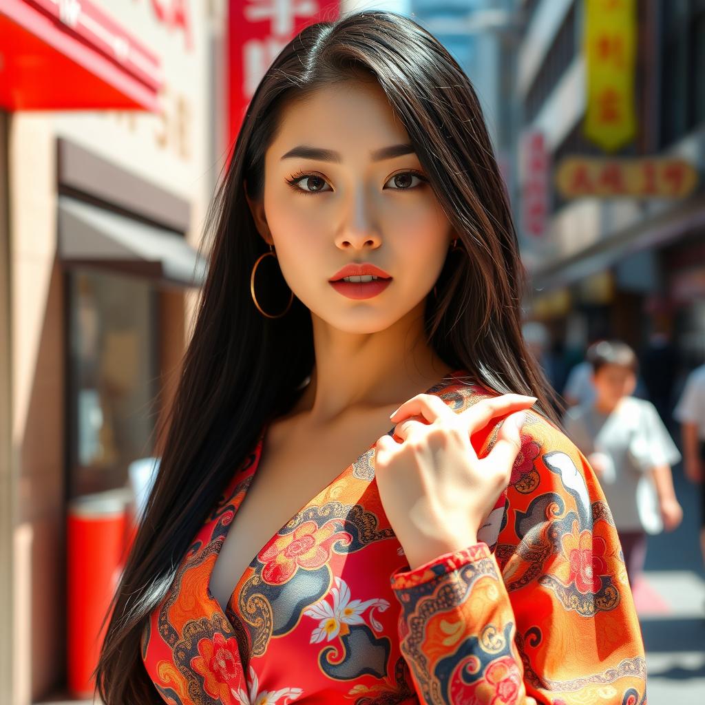 A stunning and fashionable Japanese model woman, showcasing a vibrant and stylish outfit
