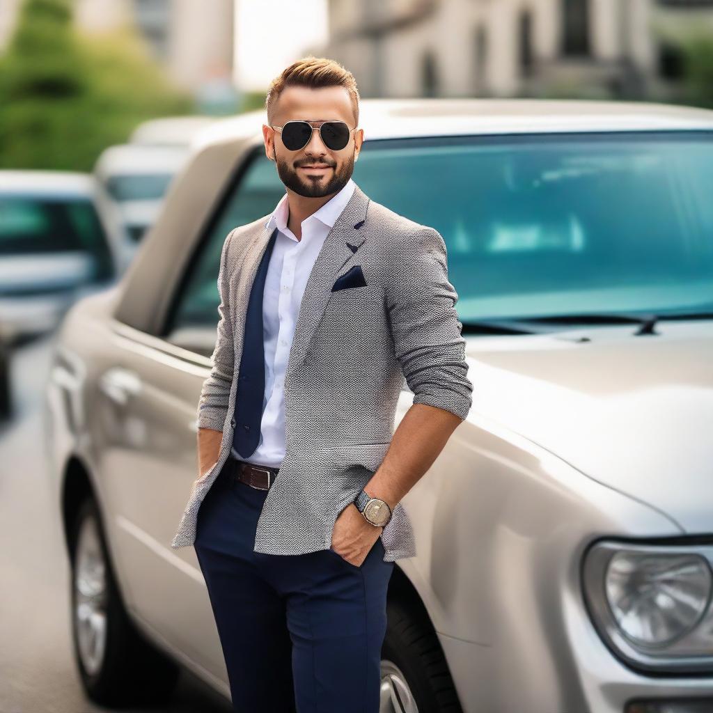 A confident driver stepping out of a fancy car, ready to face the irritated drivers in the traffic jam behind him, a smirk on his face.