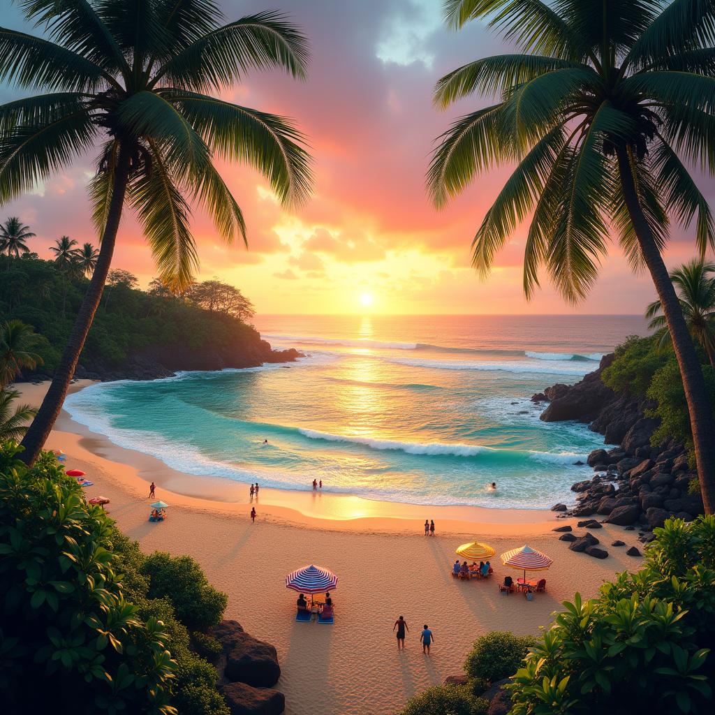 A stunning view of a Bali island beach in Indonesia during sunset, featuring soft golden sands, turquoise waters gently lapping at the shore, and colorful beach umbrellas scattered along the coast
